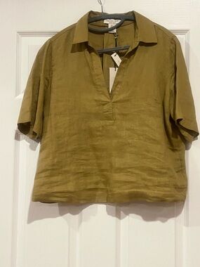 Rachel Zoe Olive Green Linen Notch-V Popover Top